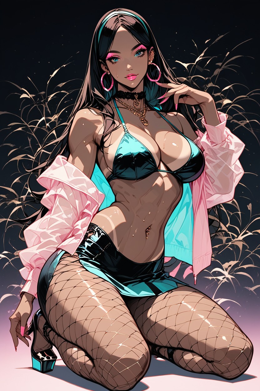 Black Choker, Neon, Cleavage AI Porn