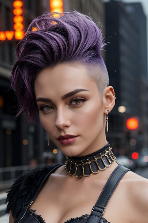 Wide Upright Mohawk Strip With Dramatically Shaved And Faded Sides, C Shaped Arc From Crown To Chest, Directional Preserves Asymmetry AI Porn