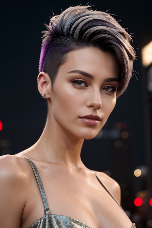 Bust Shot Portrait Of A Woman, Chromatic Duotone Enforced Dark Silvery Roots Blending Into Pastel Lilac Lengths, Jaw AI Porn