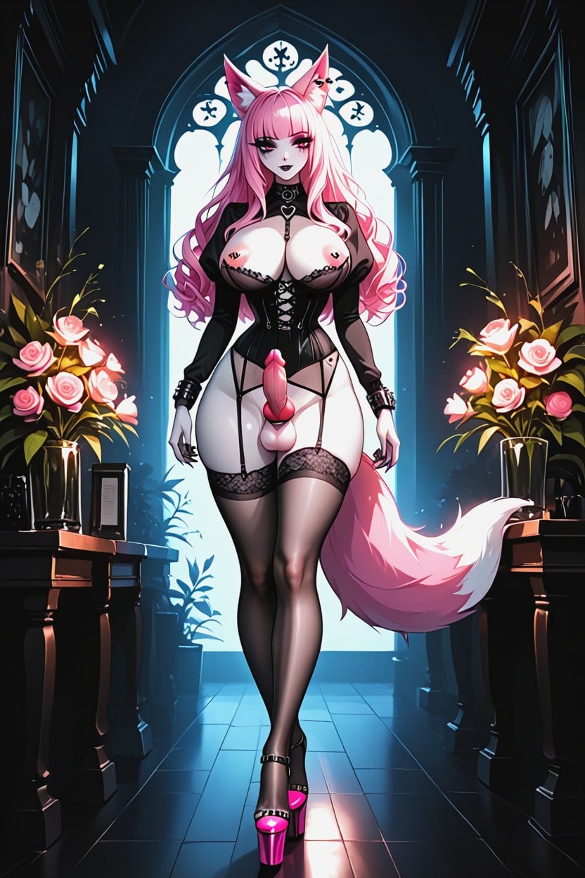 Pink High Heels Open Heels With Platform, Erect Fox Knot, Wasp Waist AI Porn