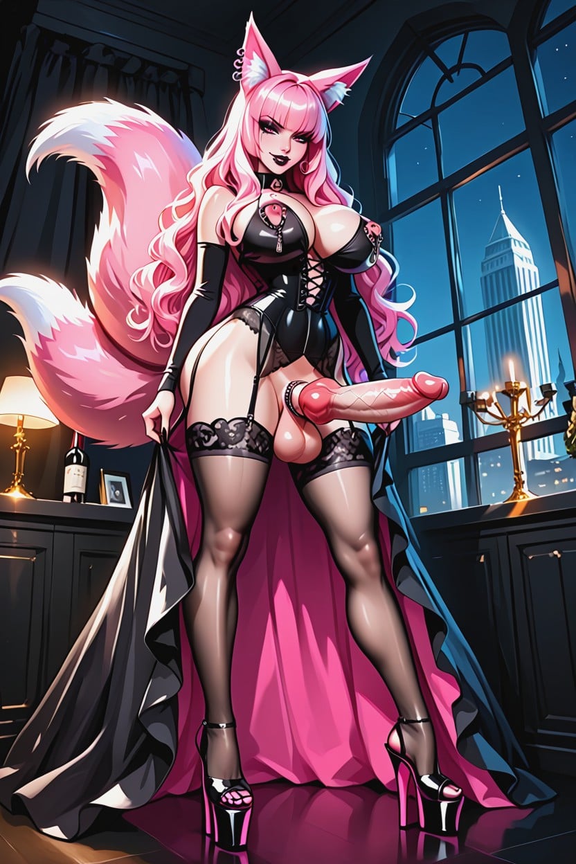 Rounded Breasts, Pink Fox Ears, Pink Boudoir Bedroom AI Porn