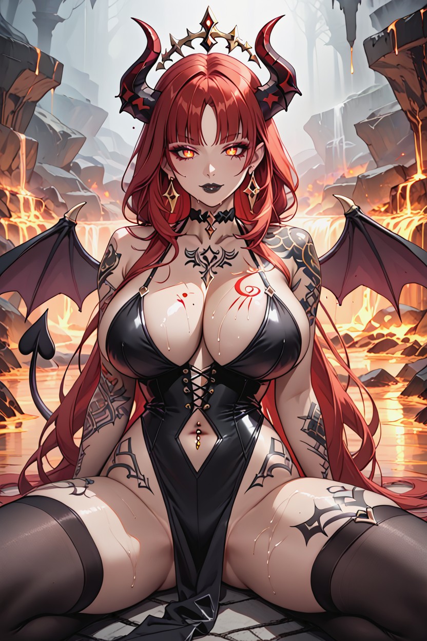 Excessive Tattoos On Back, Black Nylon Stockings, Succubus Clothing Hentai AI Porn
