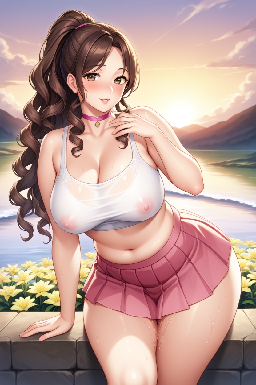 Curly Hair, Low Waisted Pink Skirt, Wet Pussy Hentai AI Porn