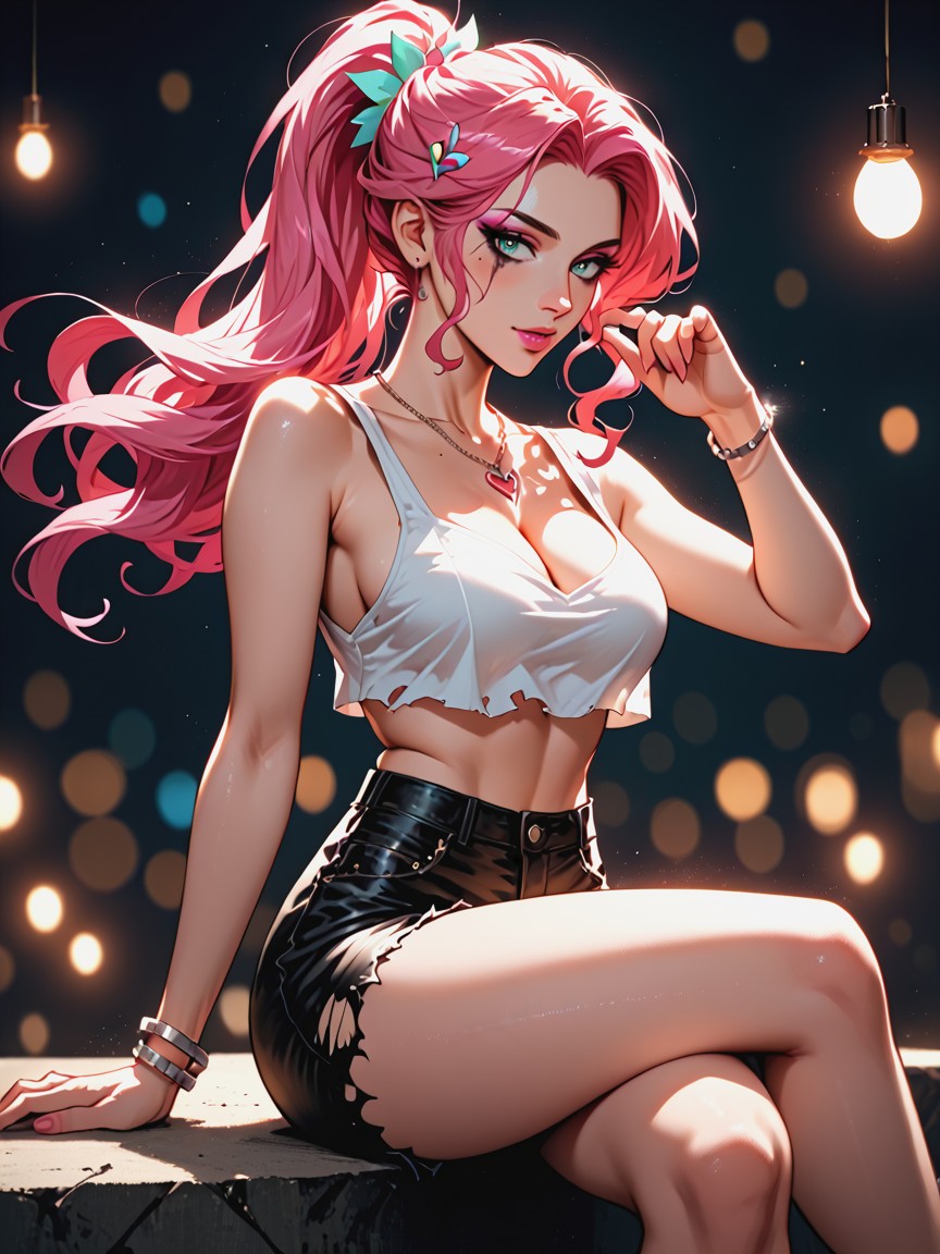 Sideboob Bulging Out Of Top, Film Grain Effect, Skinny Hentai AI Porn