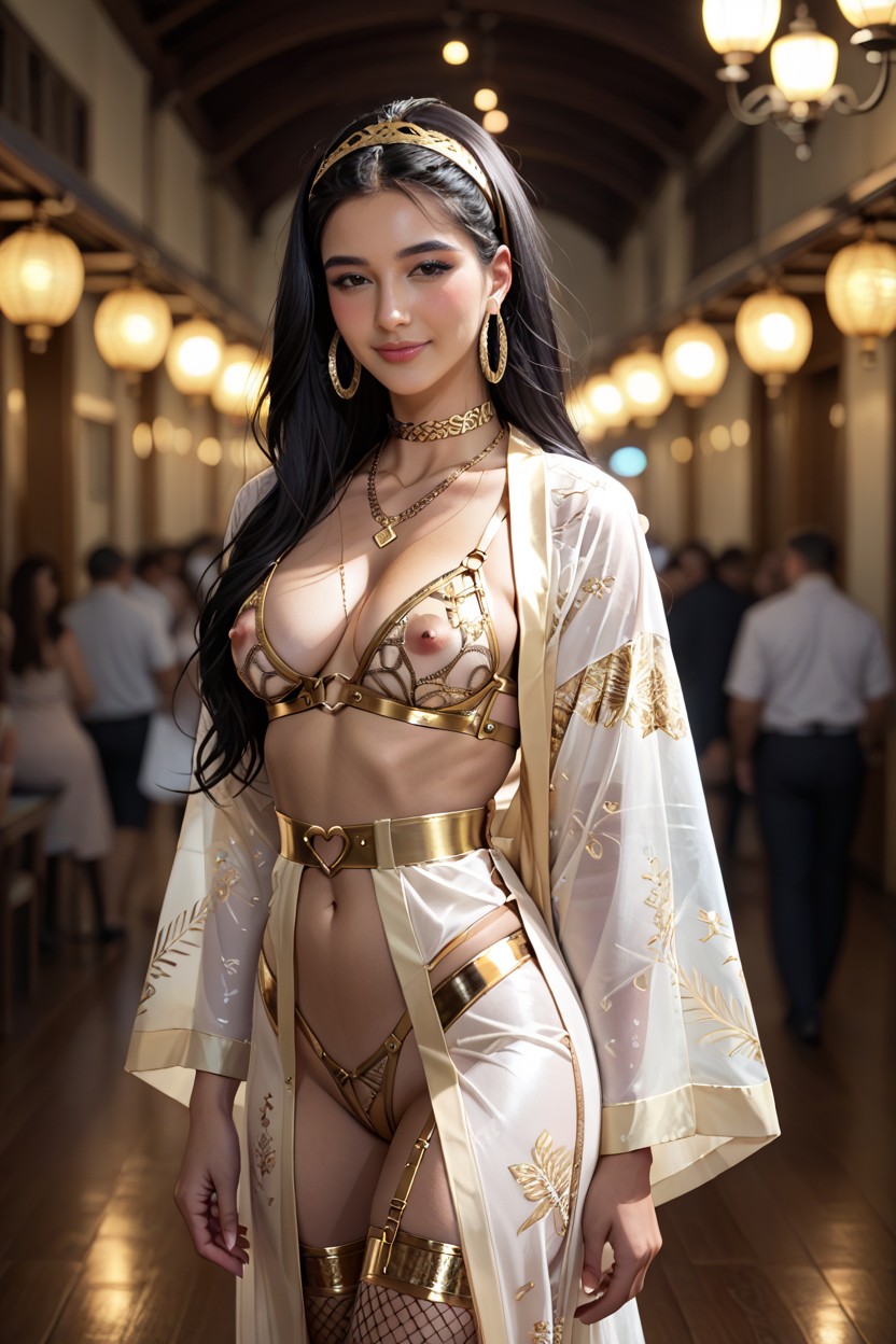 Detailed Face, Ass Bigger Than Torso, Gold Breast Harness With Exposed Nipples AI Porn