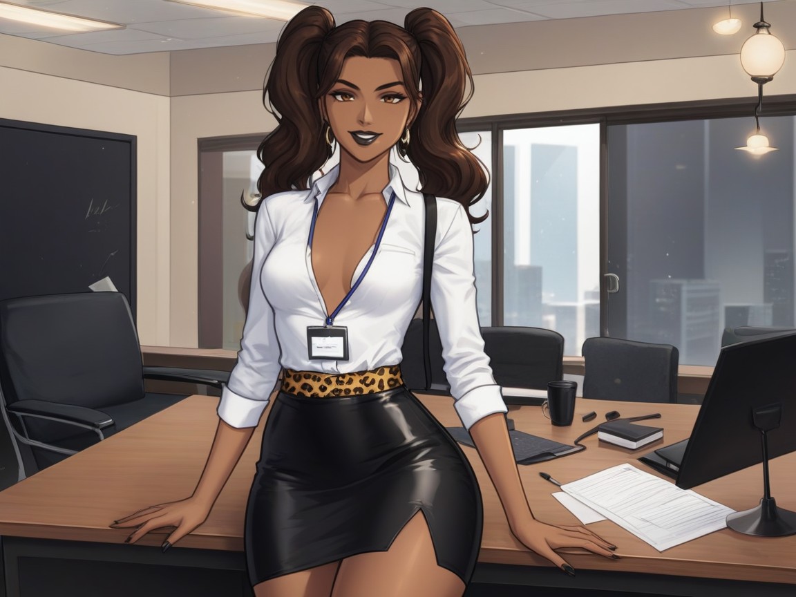 Night City View, Hips Wider Than Shoulders, Leopard Silk Blouse Unbuttoned Low Latina AI Porn