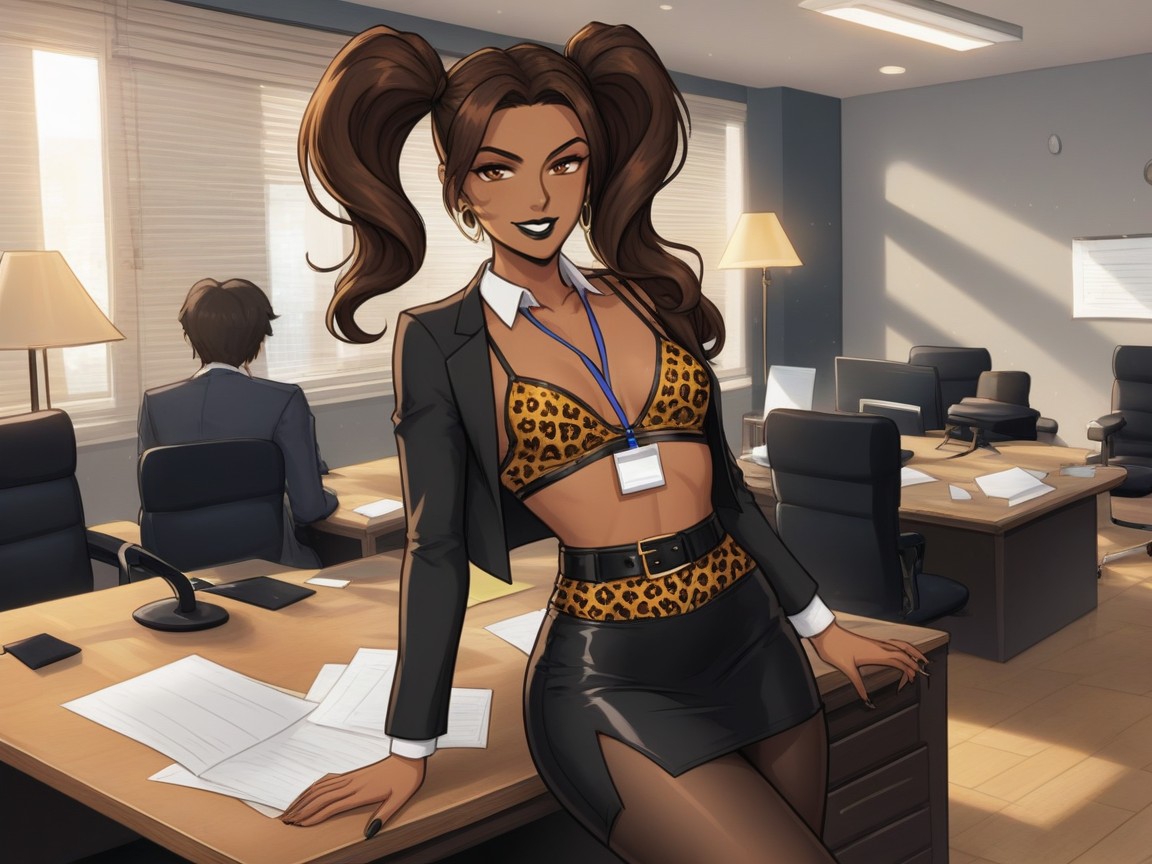 Evil Grin, Sharp Brown Eyes, Office Latina AI Porn