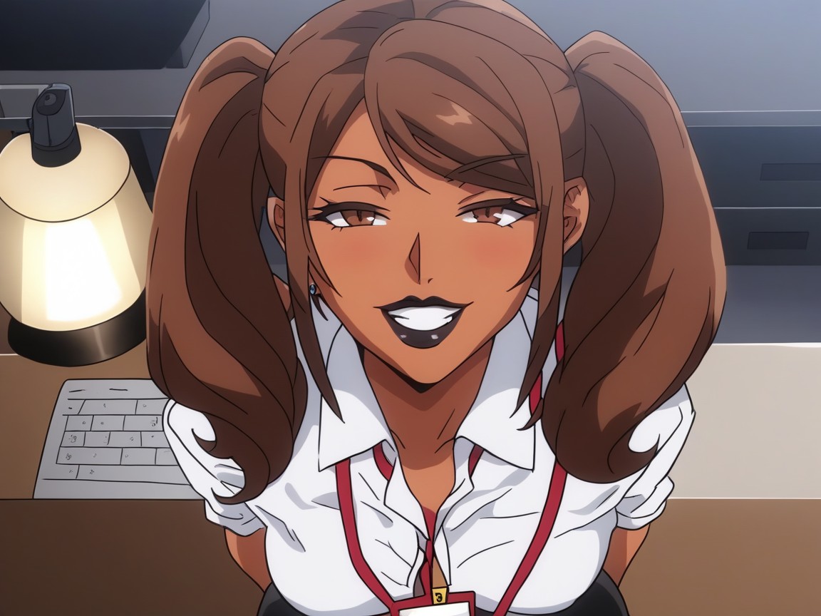 Top Down, Woman Sliding Lipstick Kissed Note Across Desk, Night City View Hentai AI Porn