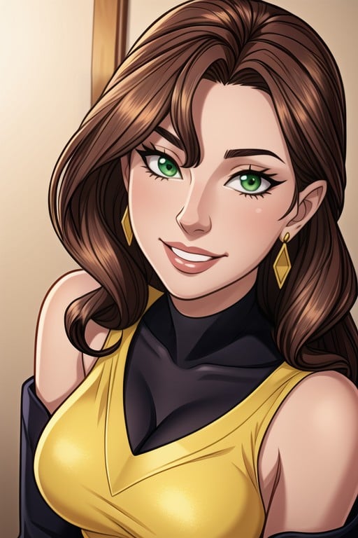 Dark-black, Casting Gentle Highlights On Her Face, Wavy Hair Styled In A Fashion That Frames Her Face She Is Wearing Gold Hentai AI Porn