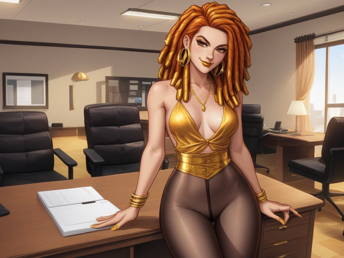 Light Tan Skin, Bronze Lipstick, Wearing Gold Silk Office Clothes Latina AI Porn