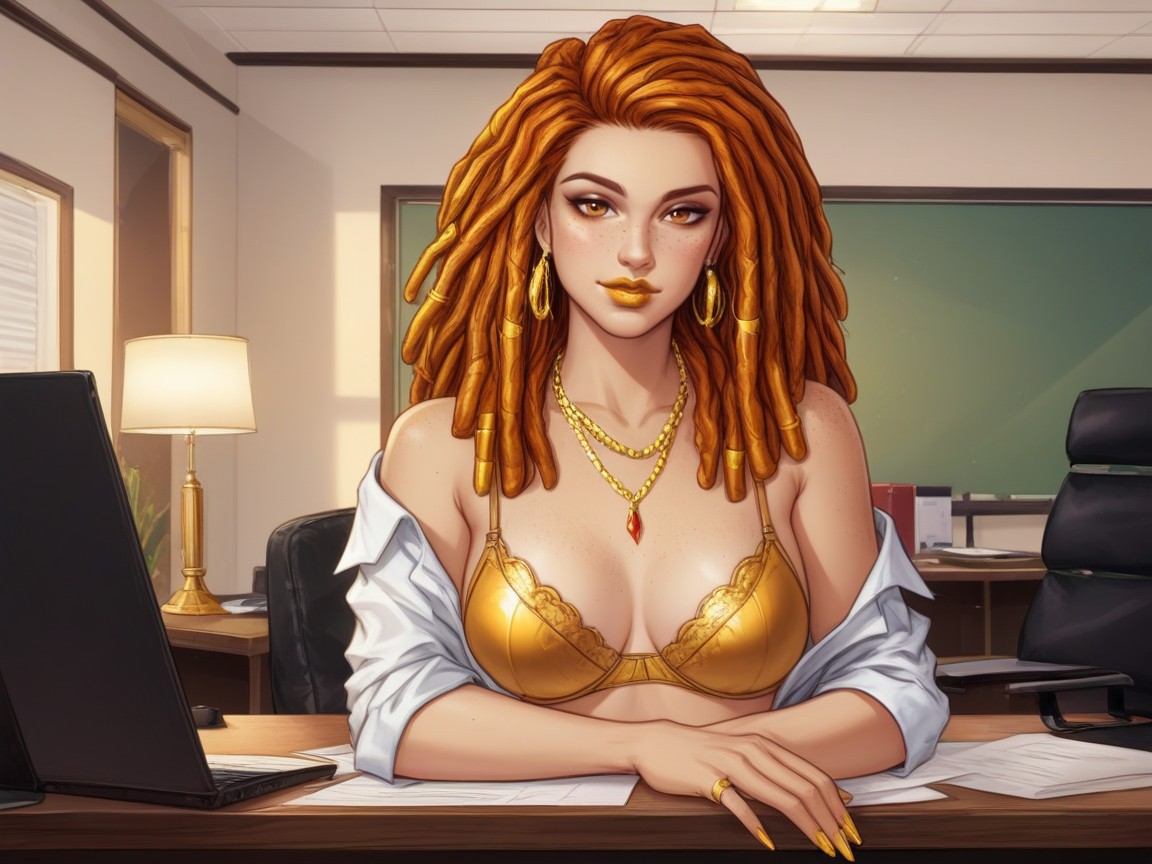 Medium Breasts, Wearing Gold Silk Office Clothes, Rounded Chest Width Latina AI Porn