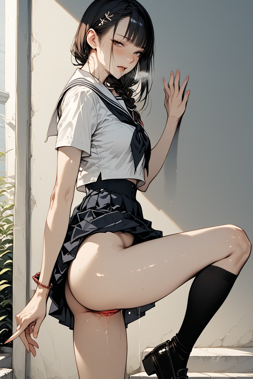 Skirt Lift, Saliva Dripping, One Leg Up Hentai AI Porn
