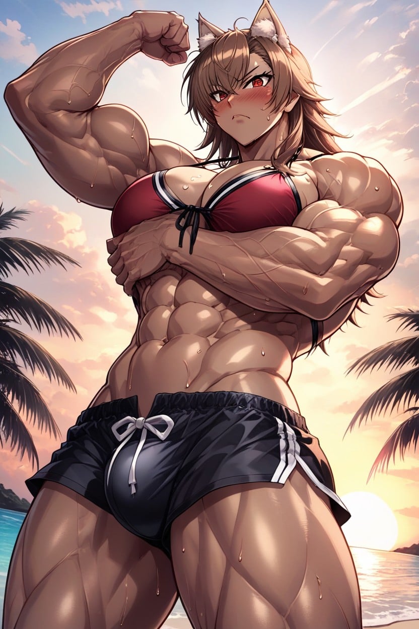 Muscular Arms, Dark Brown Skin, Beach Hentai AI Porn