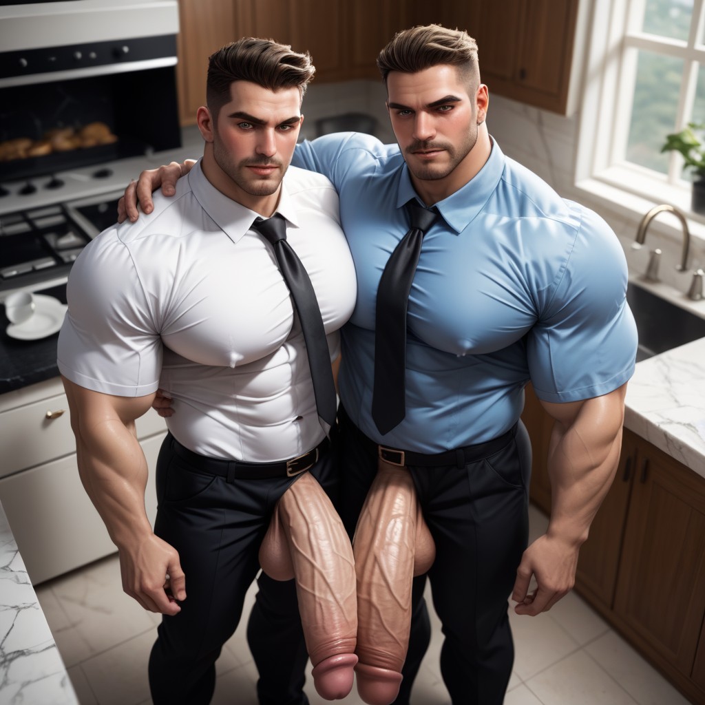 Tie, Pecs Out, Standing In A White Kitchen AI Gay Porn