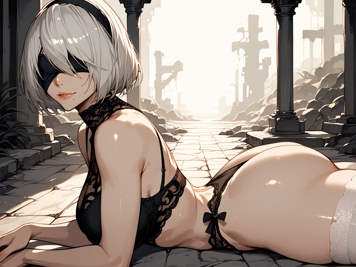 Stone Floor, White Thigh-highs, White Hair Hentai IA