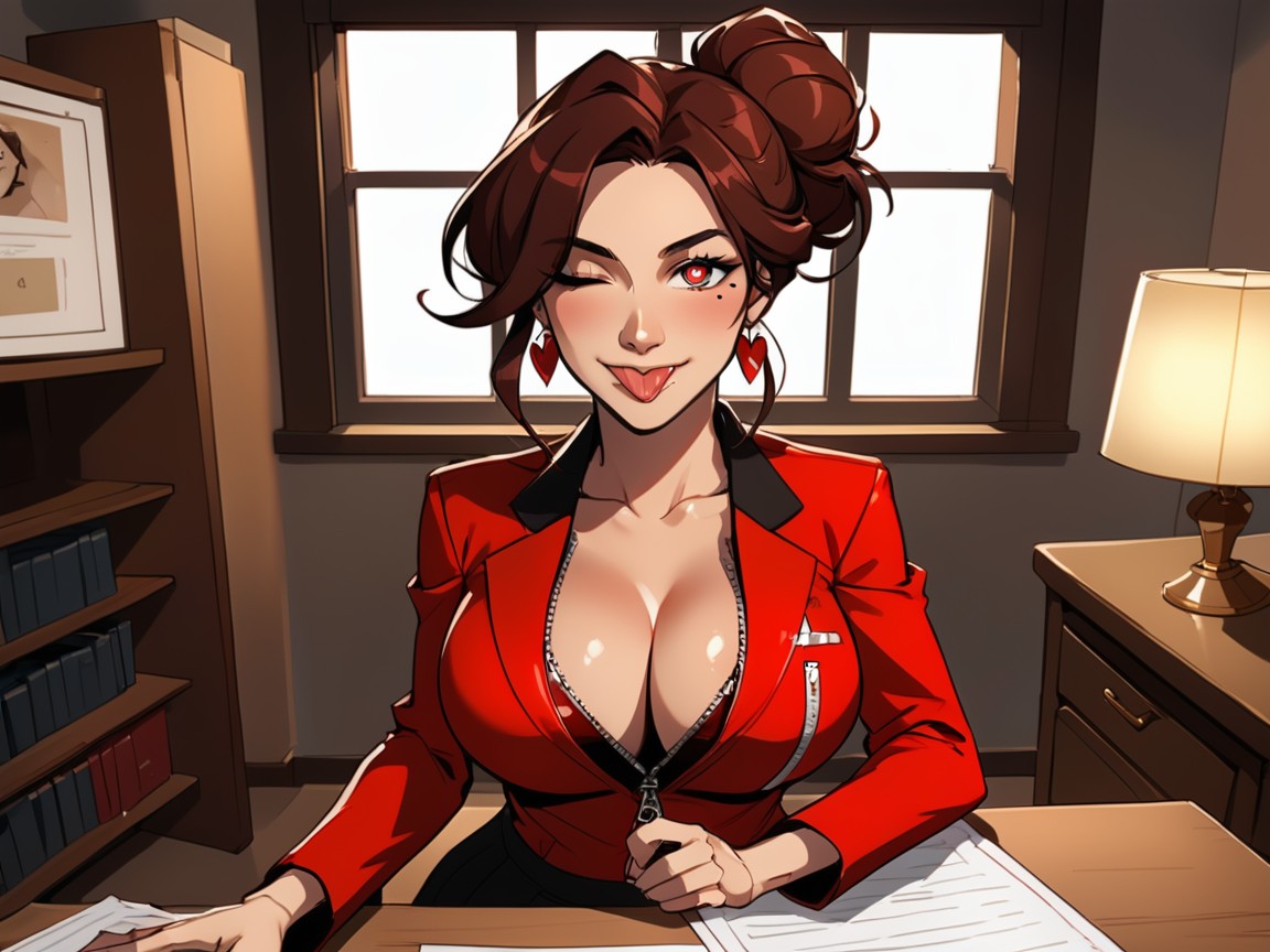 Top Down, Dark Red Hair, Upturned Eyes With Red Sharp Winged Eyeliner AI Porn