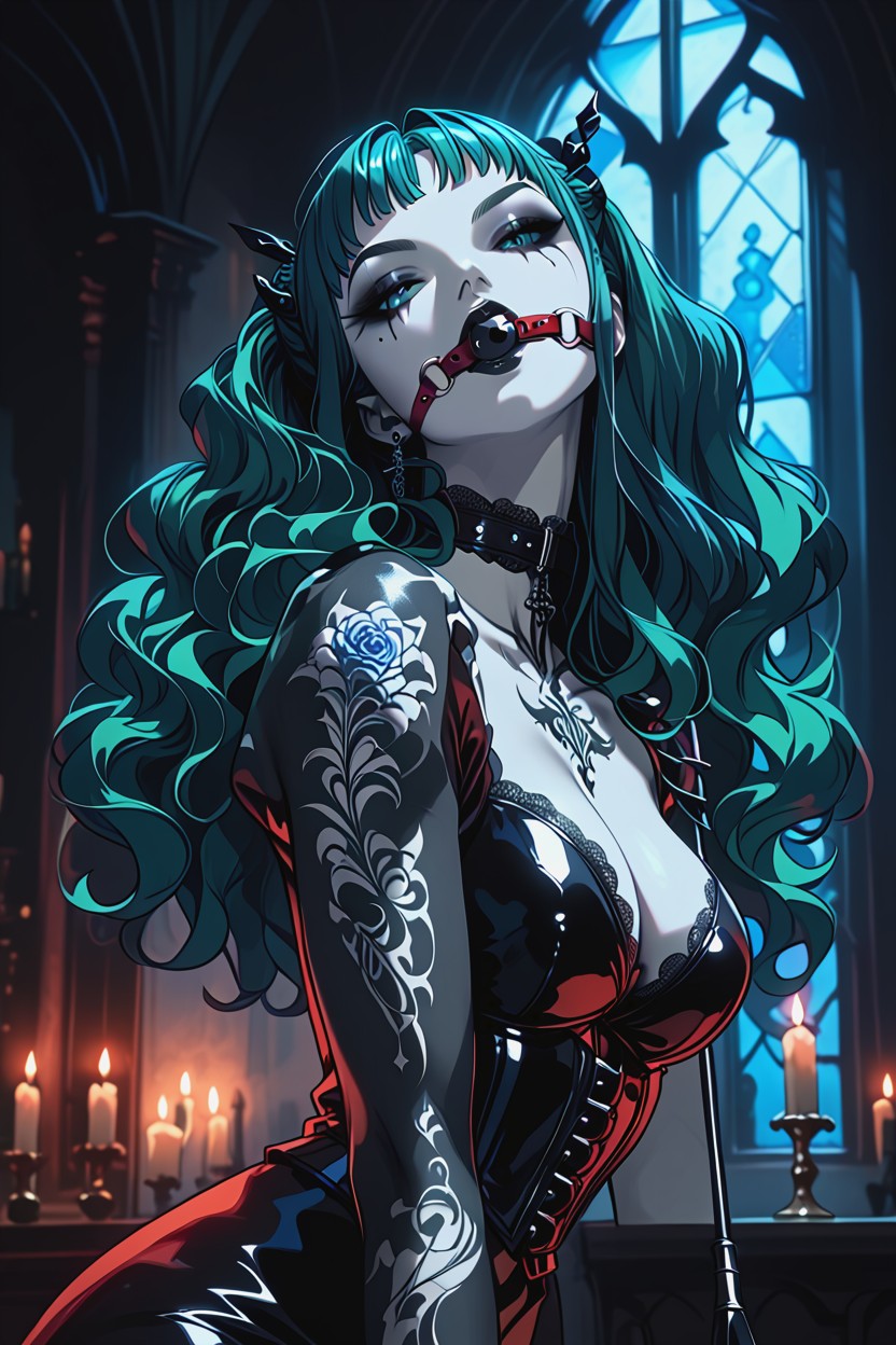 Large Breasts, 18+, Long Wavy Green Hair With Blue Highlights Hentai AI Porn