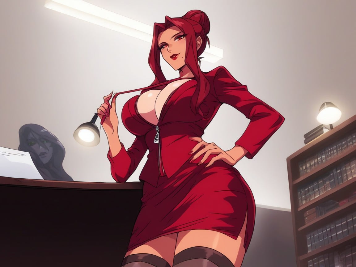 Low Thigh Width, Law Office Library With Wood Shelves And Glass Table, 1 Person Hentai AI Porn