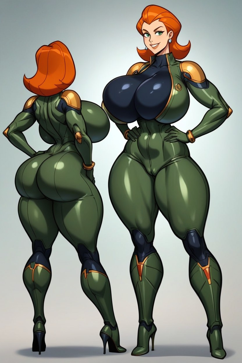 Hands On Hips, Very Plain Skintight Green Catsuit With Heels, One Person AI Porn