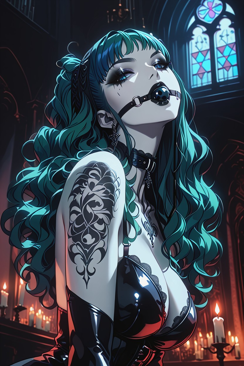 Primer Plano, 18+, Wearing Black Latex Corset With Deep Cleavage Hentai IA