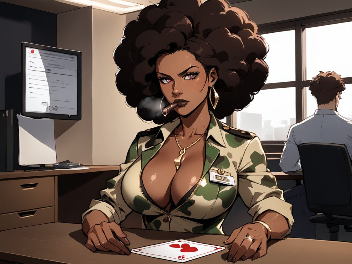 Walkie Talkie, Wearing Brown And Green Camouflage Office Clothes, Glass Partition AI Porn