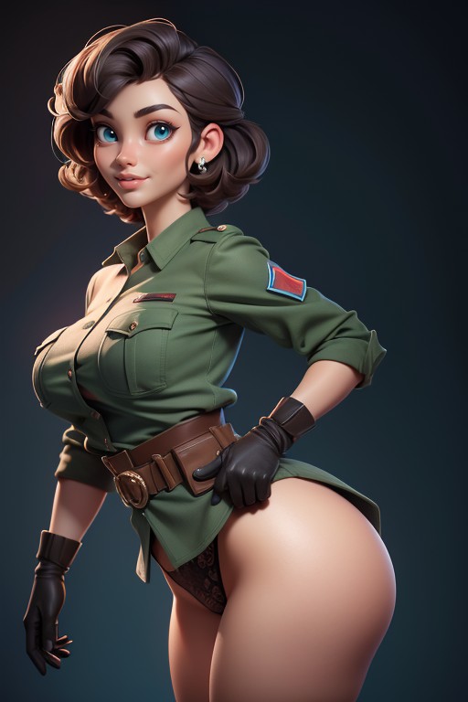 Military Pixie Hairdo, Buzzcut, Bottom Up (upskirt) Hentai AI Porn