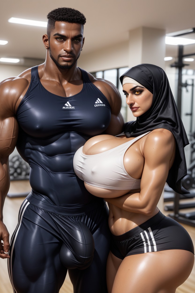Man Wearing Gym Trunks, Pecho Colosal, Wearing Hijab Hentai IA