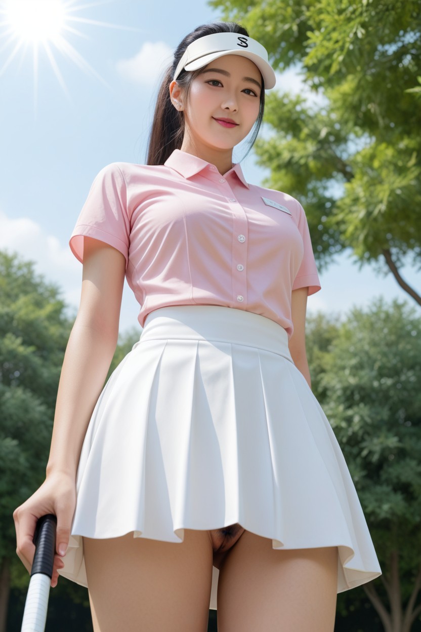 Shortsleeve, Holding Skirt Hem, Standing Asian AI Porn