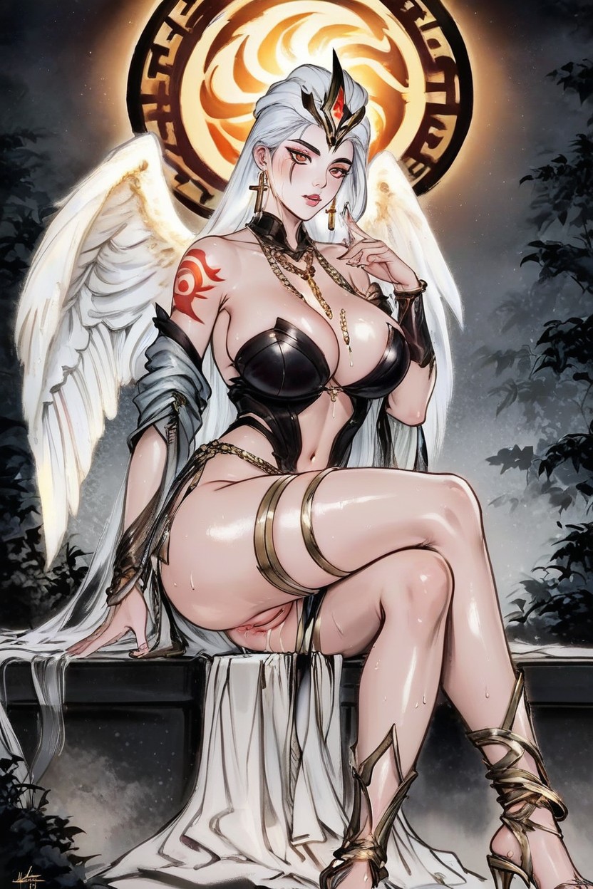 Chest Chain, Incredibly Beautiful Face, Sapphire Long Chain Earrings Hentai AI Porn