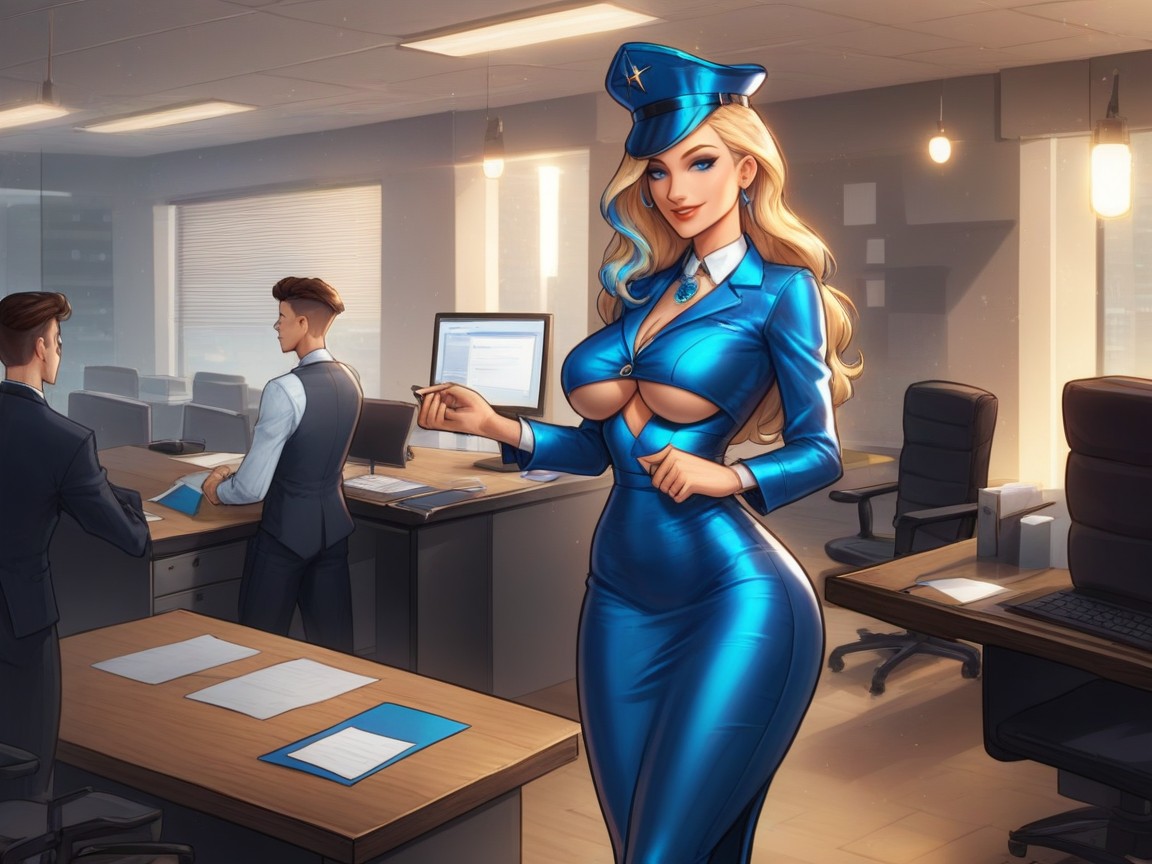 Receptionist, Blue Metallic Sheath Dress, Vibrant Saturated Blues Porno IA Latina