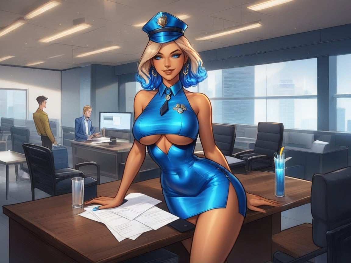 Nsfw, Modern Setting, Blue Metallic Sheath Dress Porno IA latina