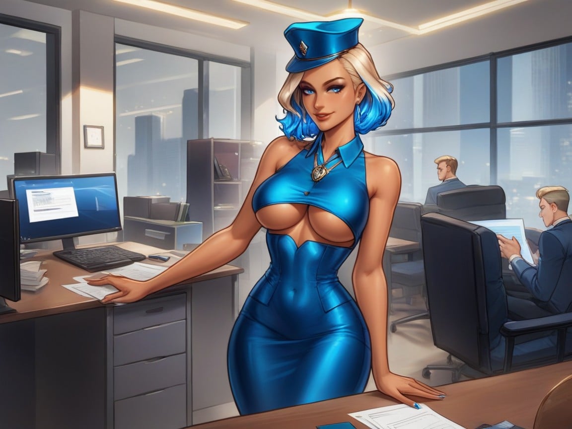 Corte Pixie, Blue Laptop On Marble Desk, Blue Desk Lamp Porno latina IA
