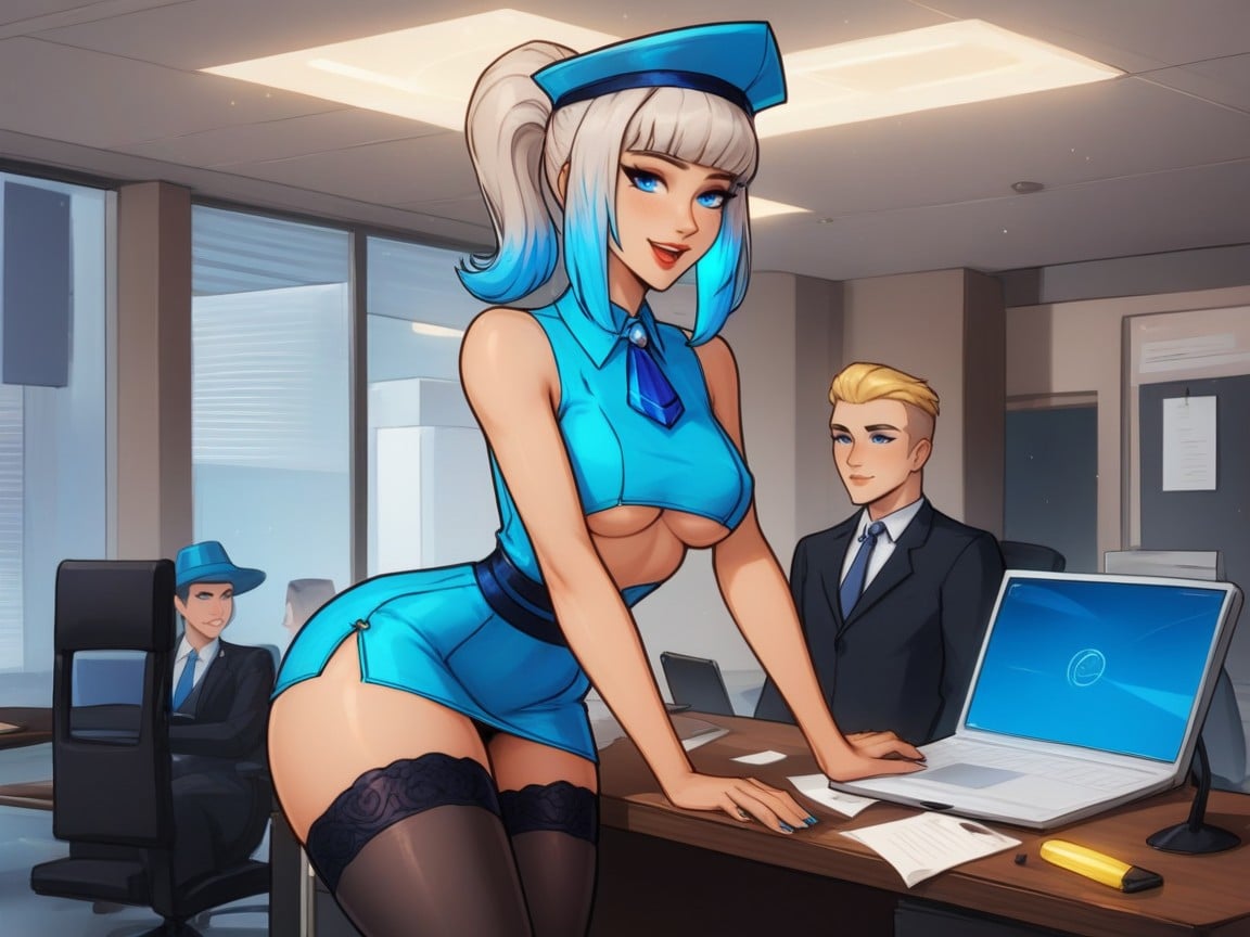 Blonde Pixie Hair, Wearing Blue Metallic Office Clothes, Sloped Shoulders 라틴 AI 야짤