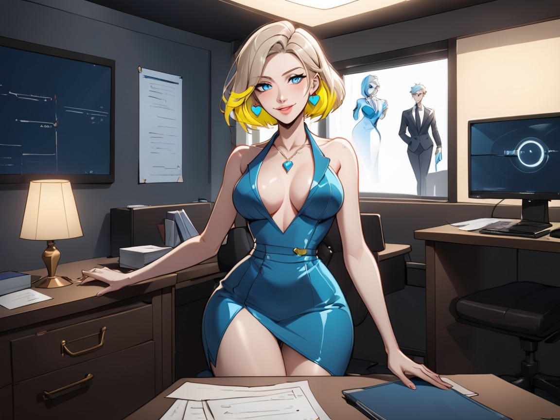 Hourglass Body, Glass Wall In Background, Blue Metallic Heels AI Porn