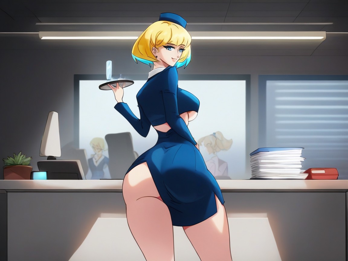Woman Unfastening Dress At Thigh, Vibrant Saturated Blues, Blue Metallic Heels Hentai AI Porn