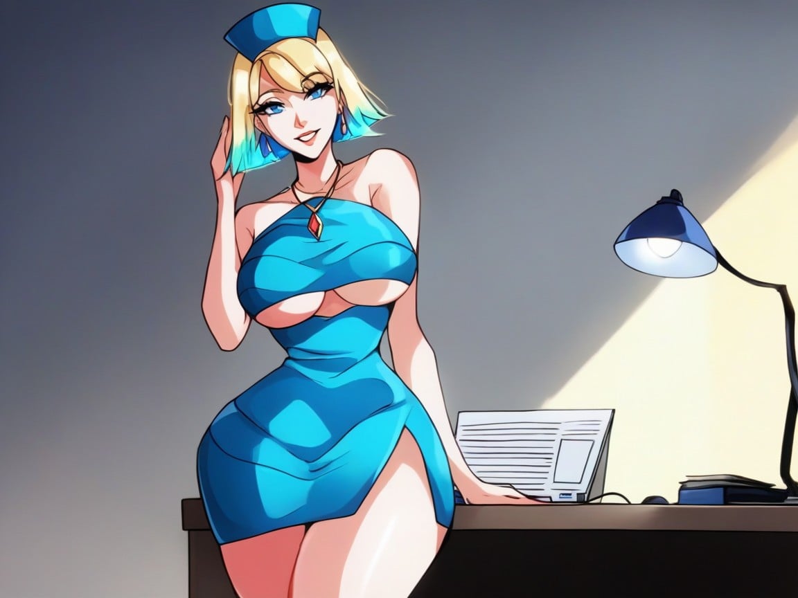 Happy Pretty Face, Yeux Bleus, Bureau Porno IA Hentai
