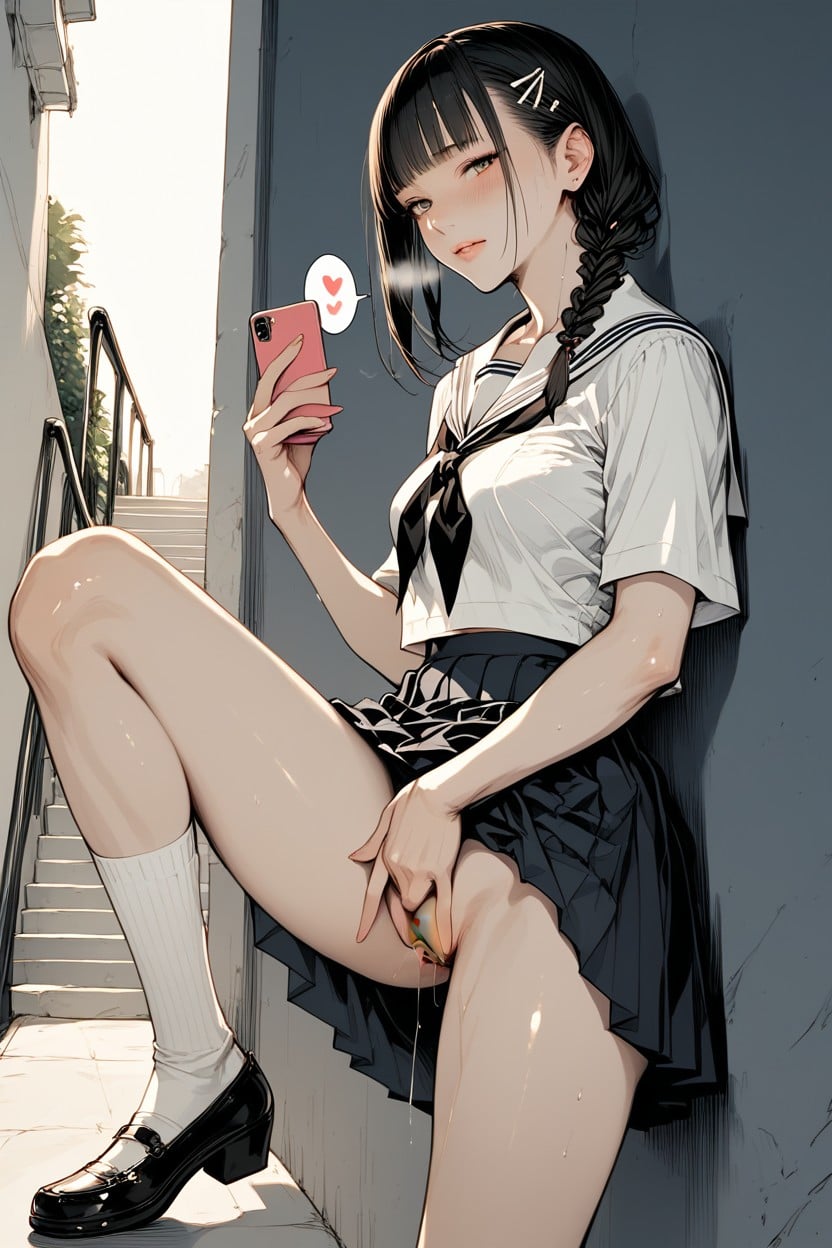 Woman, Pleated Skirt, Hand On Wall Hentai AI Porn