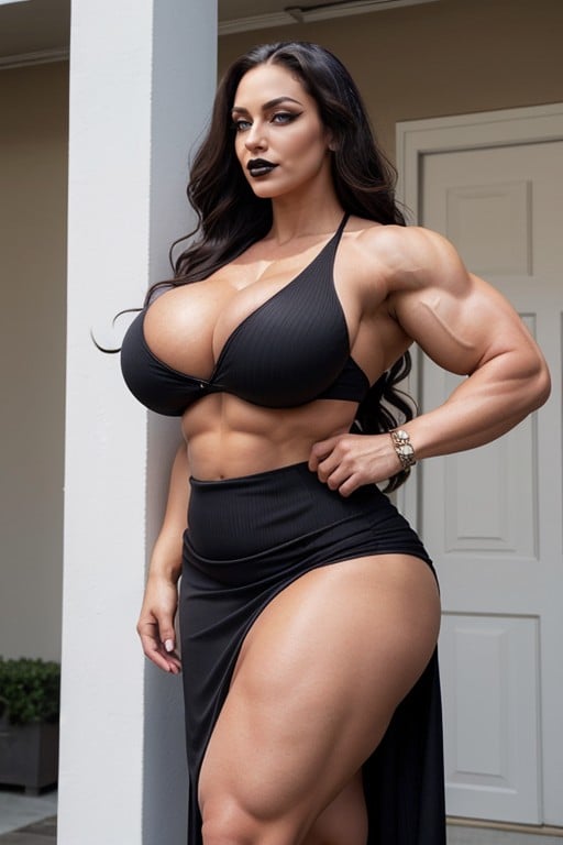 Hyper Gigantic Massive Muscles Woman, Deep Blue Eyes, Hyper Massive Muscular Arms AI Porn