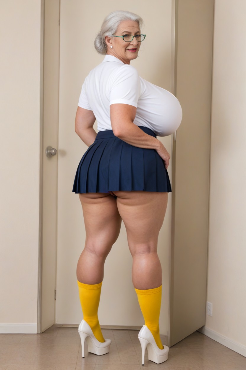 Full Body, White Stockings Unders Socks, Pink Pleated Skirt AI Porn