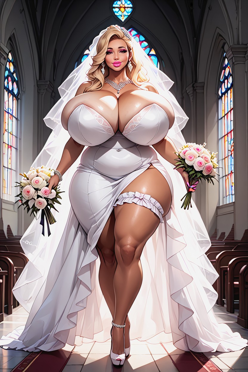 Holding Out Hand, Cleavage, Wedding Dress AI Porn