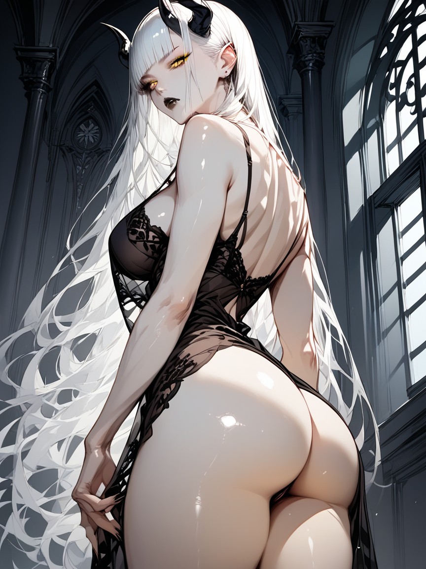Straight Hair, Glistening Curves, Black Sheer Nightgown Hentai AI Porn