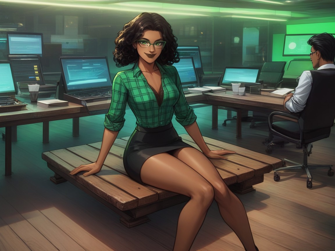 Squared Torso, Rolling Cart Beside Copier, Curly Latina AI Porn