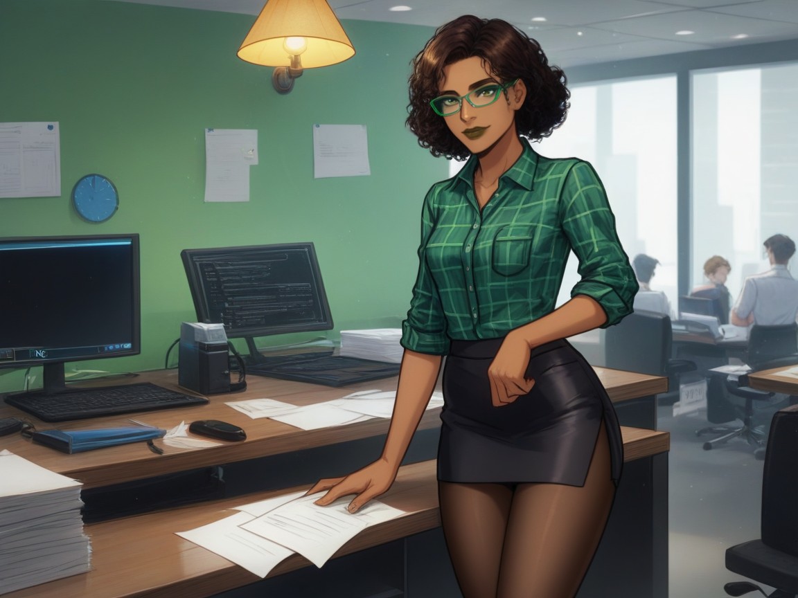 Black Skirt, Vibrant Saturated Greens, Office Pants Latina AI Porn