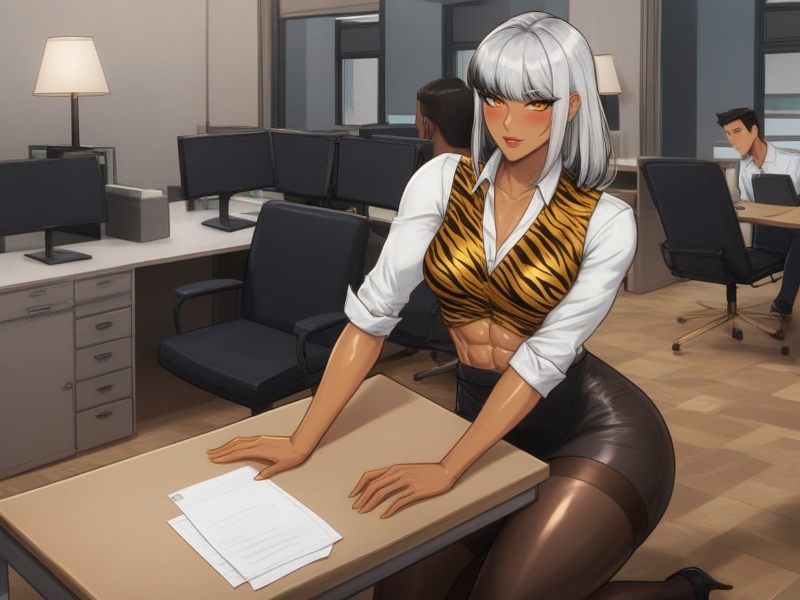Embarrassed , Wearing Silver Tigerprint Office Clothes, Squared Torso Latina AI Porn