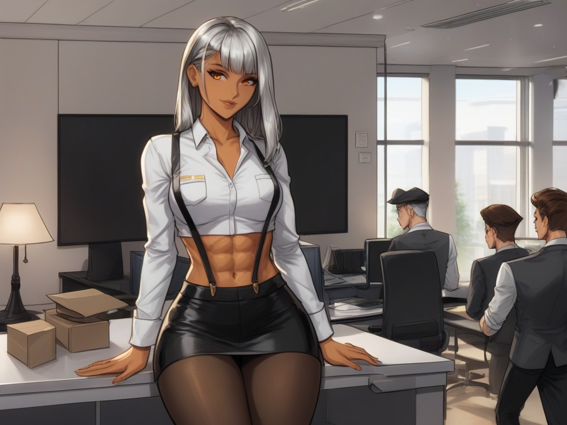 Wearing Silver Tigerprint Office Clothes With Suspenders, Silver Desk Lamp, Strong Legs Latina AI Porn