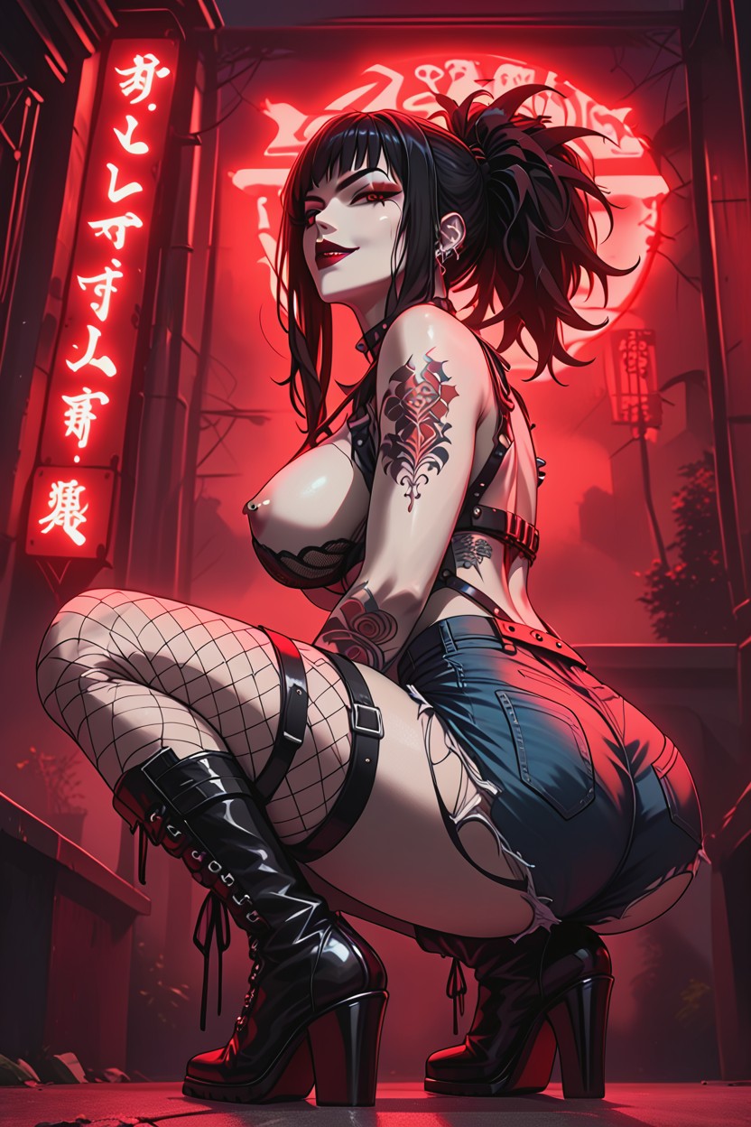 Red Lips, Vampire Woman With Pale Skin, Ripped Fishnet Stockings Hentai AI Porn