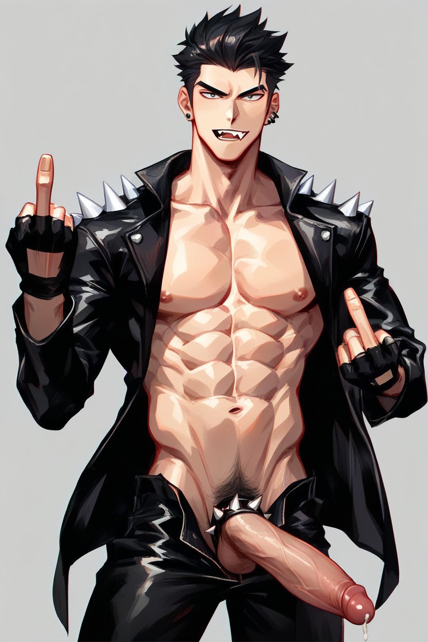 Black Fingerless Gloves, Silver Ear Piercings, Erect Penis AI Gay Porn