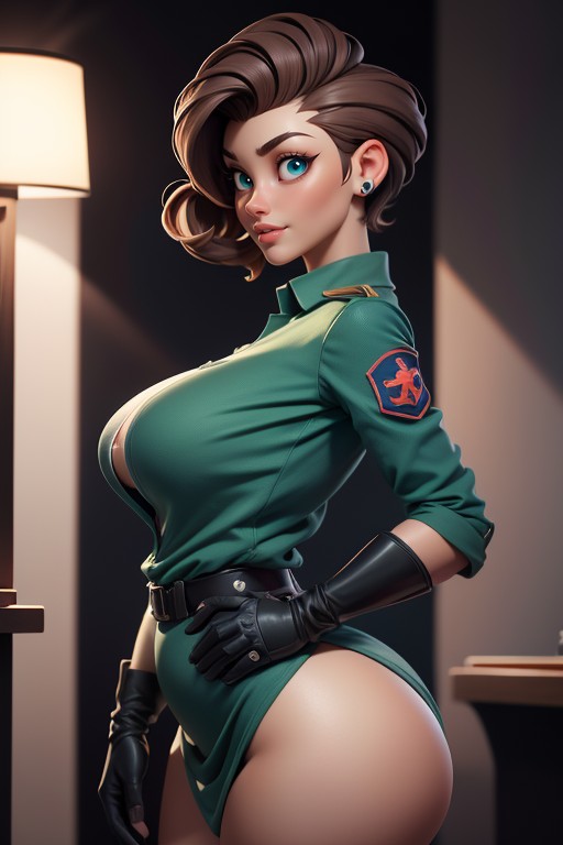 Thick And Curvy Body, Blue Eyes, Green Military Shirt Hentai AI Porn