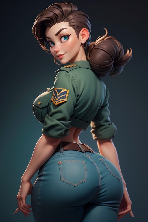 Correct Body Proportions, Green Military Shirt With Sleeves Rolled Up, Bald On The Sides Hentai AI Porn