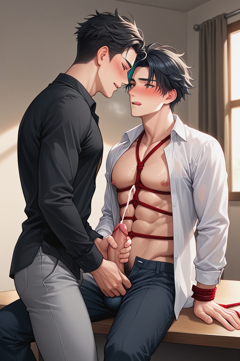Touching His Body, Minghwa Artsyle Wearing Black Shirt, Tied Up AI Gay Porn